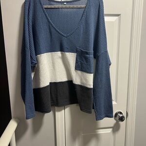 SHEIN Blue and White V-Neck Sweater